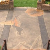Kemiko decorative coatings on exterior, residential surface. Products: Kemiko Stone Tone Concrete Acid Stain in Malay Tan, Black and Walnut; Kemiko Repels Sealer. Decorative Concrete Made Easy.