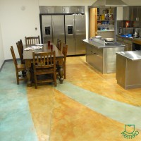 Kemiko decorative coatings on interior, residential surface. Products: Kemiko Stone Tone Concrete Acid Stain in Malay Tan, Aqua Blue and Green Lawn; Kemiko Single Component Sealer; Kemiko Easy Shine Mop On Wax. Decorative Concrete Made Easy.