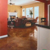 Kemiko decorative coatings on interior, residential surface. Products: Kemiko Stone Tone Concrete Acid Stain in Cola, English Red and Black; Kemiko Single Component Sealer; Kemiko Easy Shine Mop On Wax. Decorative Concrete Made Easy.